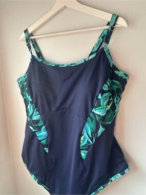 Navy One-Piece with Teal and Aqua Leaf Trim